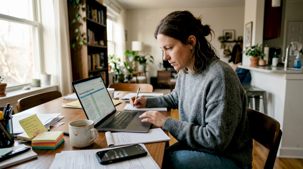 Woman reviewing ecommerce testing checklist at home