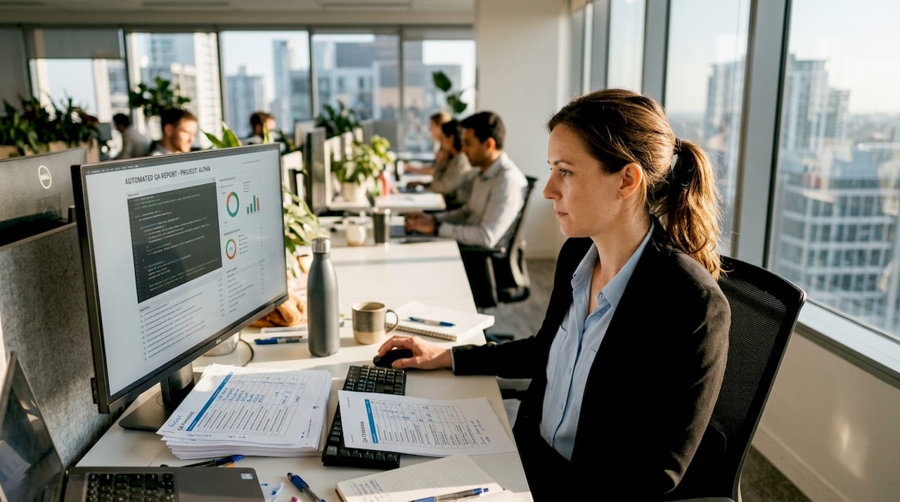 Professional reviewing QA results in office workspace