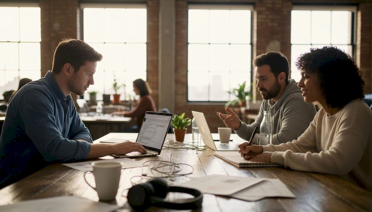 Startup team working on QA tests together