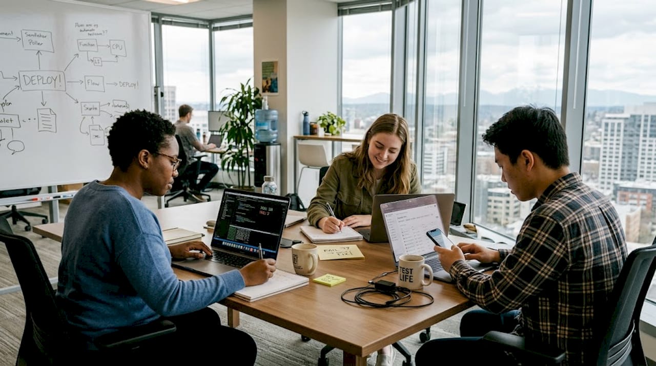 Software testers collaborating at shared office table