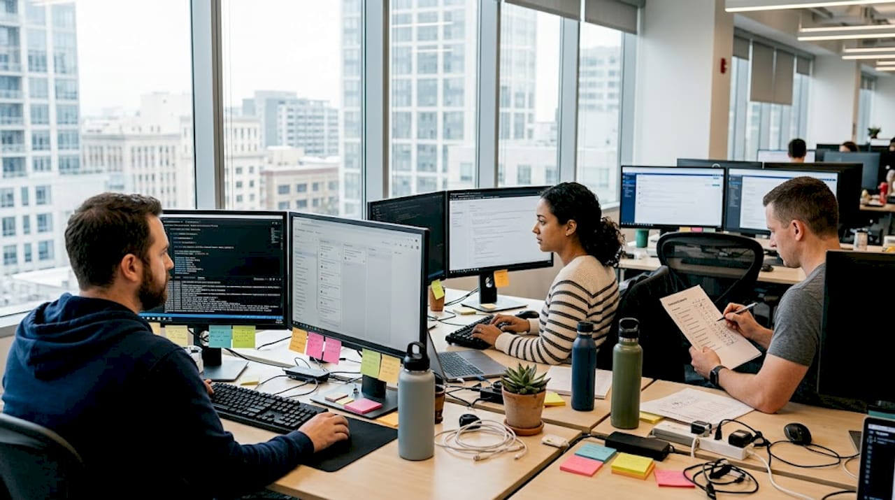 QA team at desks reviewing automation results