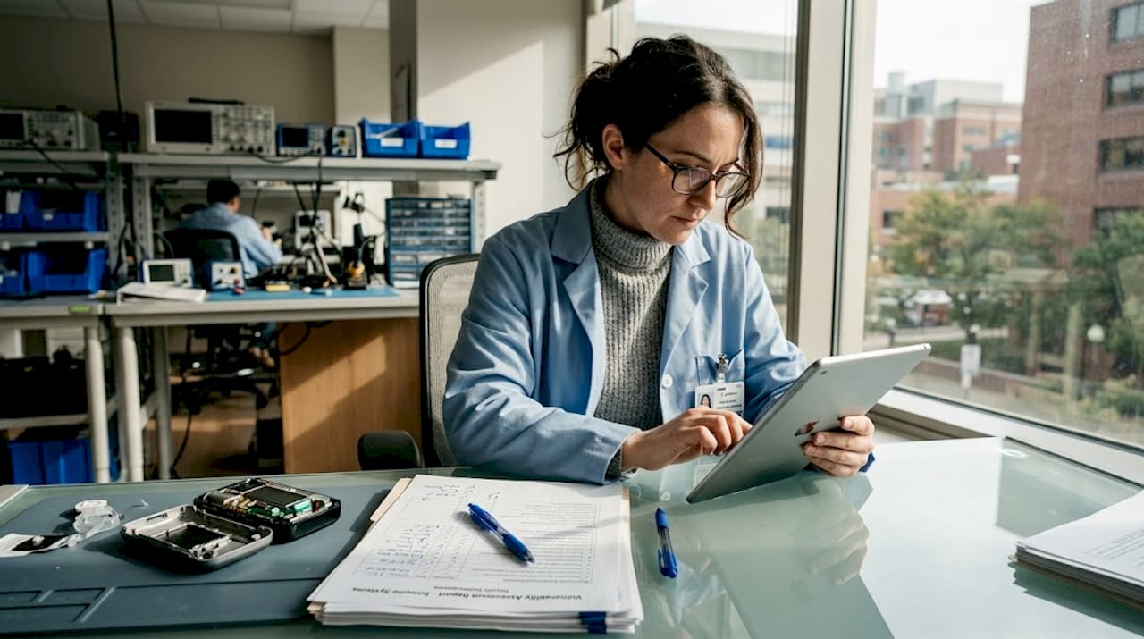 Engineer reviewing medical device compliance documentation