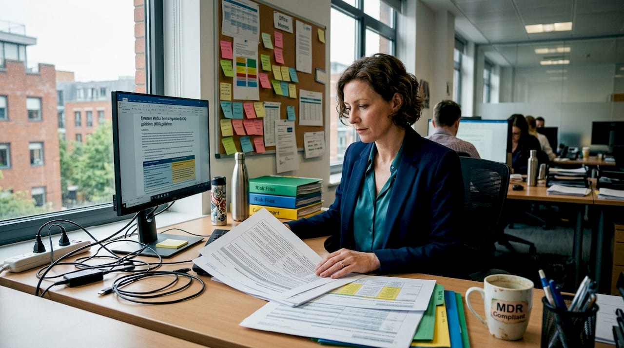 Compliance officer reviews cybersecurity documentation at team desk