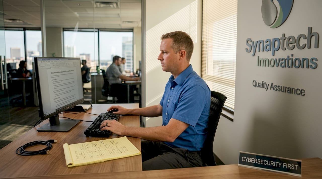 Specialist drafting cybersecurity assessment at workstation