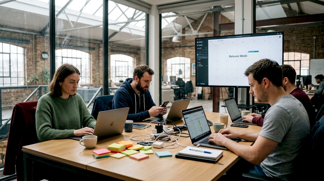 Startup QA team analyzing software at work table