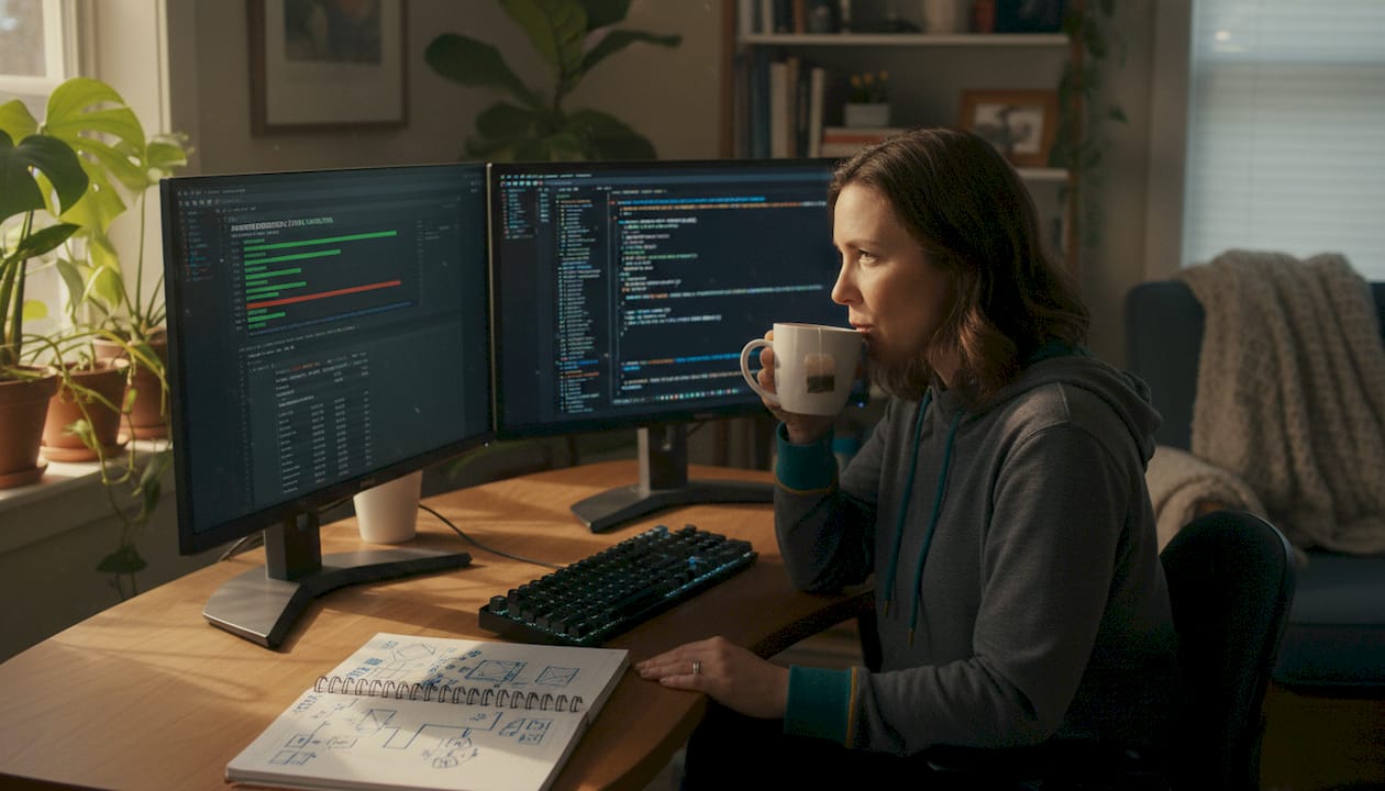 Engineer reviewing AI software test results at desk