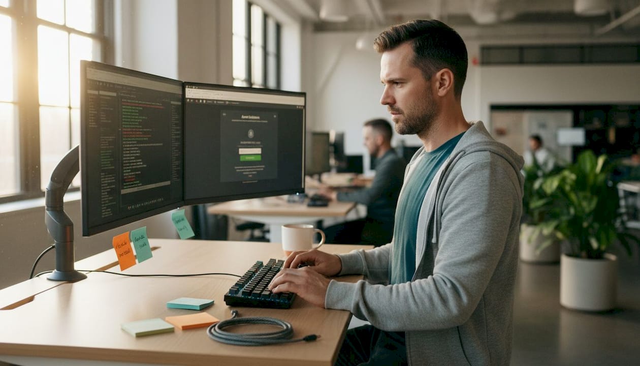 Engineer running fintech automation tests in office