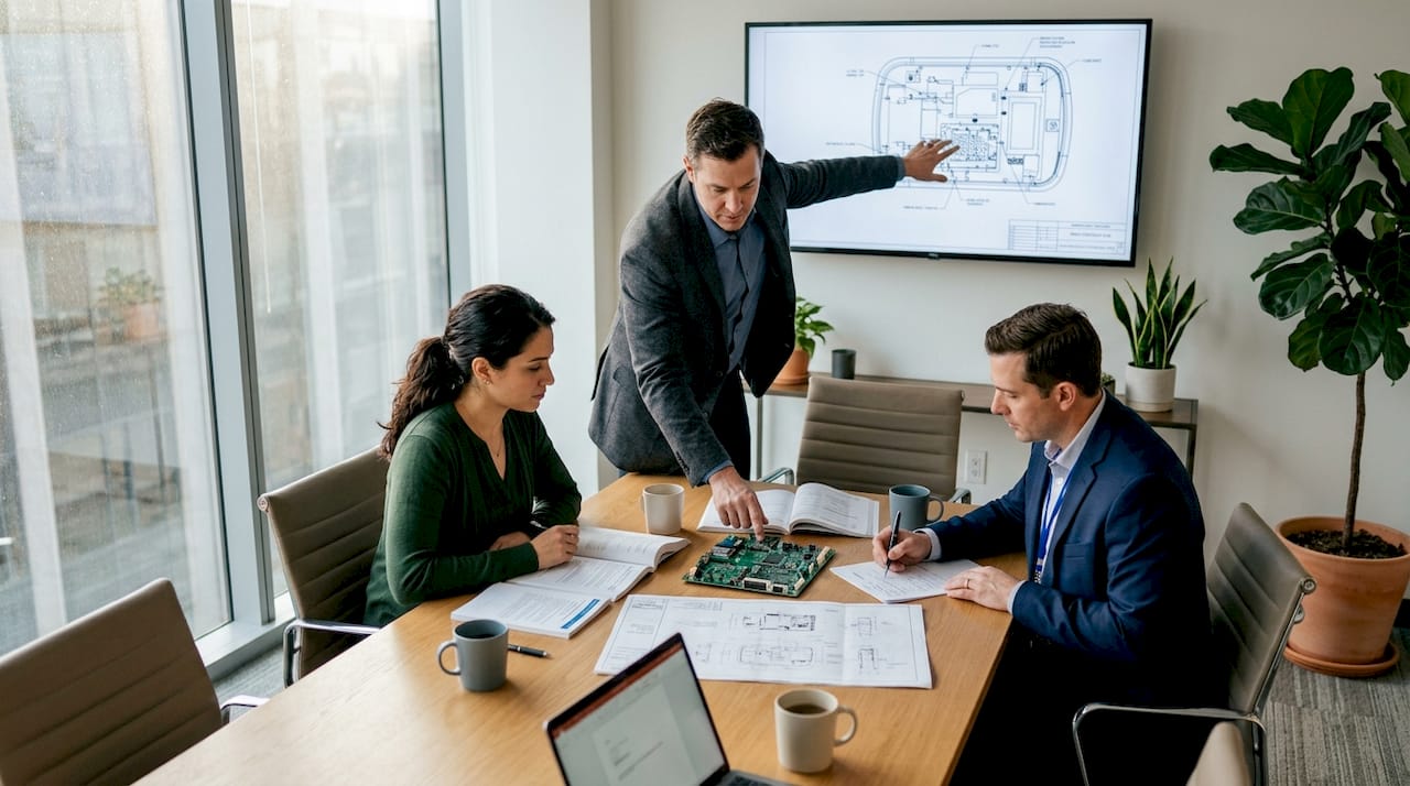 Medical device engineers collaborating at office workstation