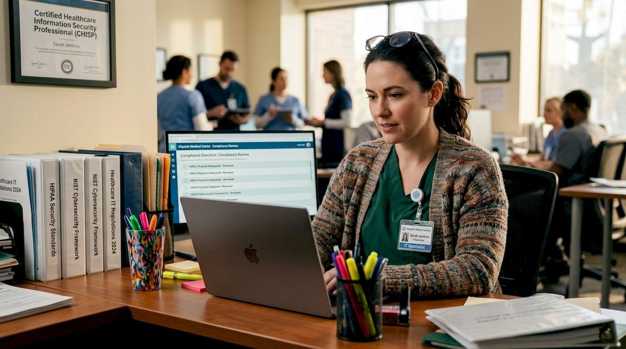 Healthcare IT worker checking compliance checklist