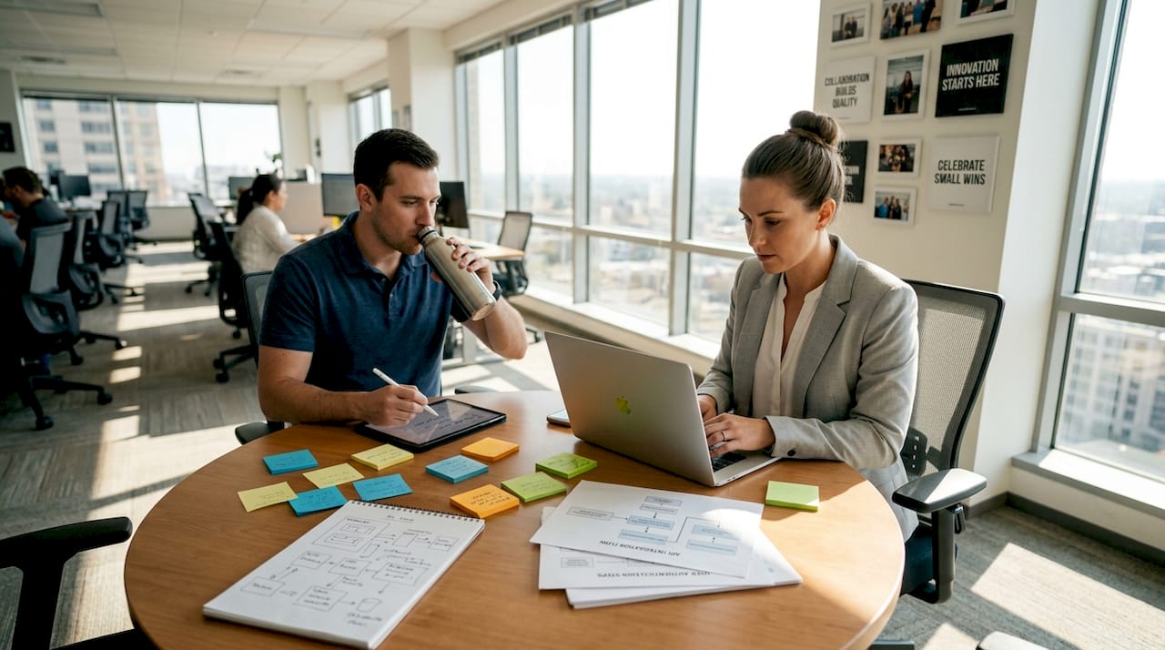 QA lead and developer reviewing test results in office
