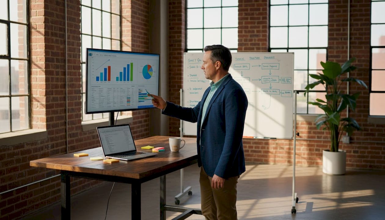 IT manager reviewing QA automation on monitor