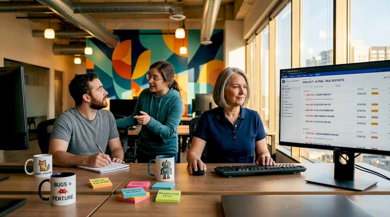 Software testing team reviewing bug reports