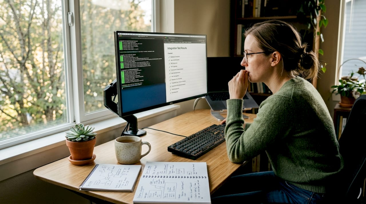 Developer reviewing integration test results in office