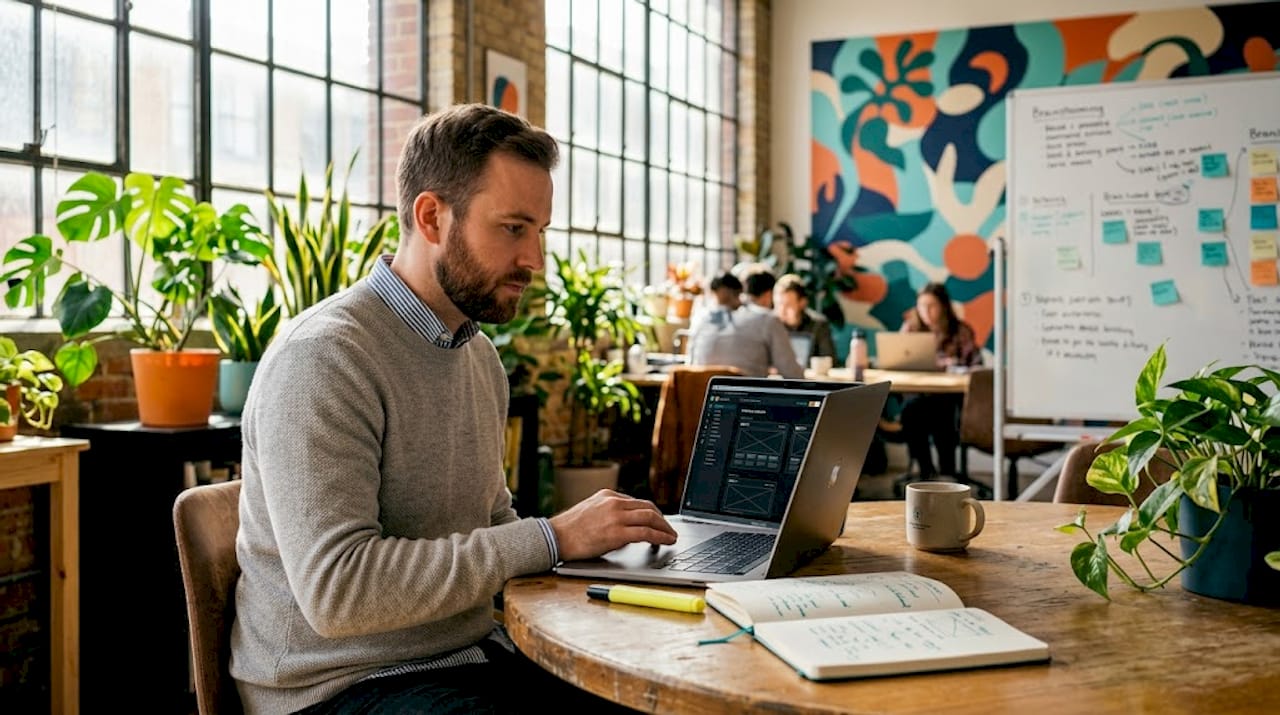 UX researcher reviewing notes in office conference room