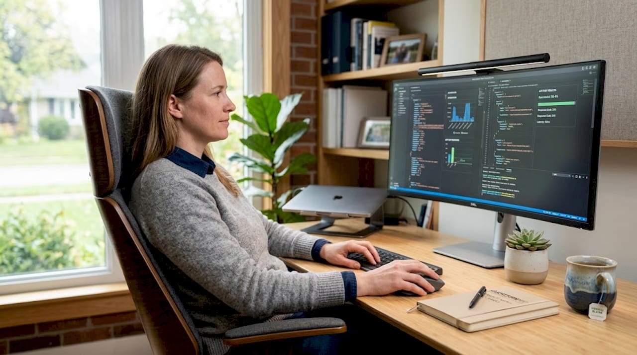 Engineer reviewing API security tests at desk