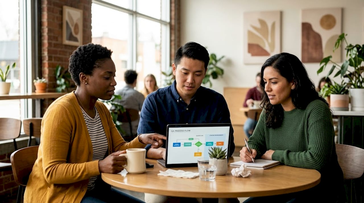 QA team discussing testing workflow at table