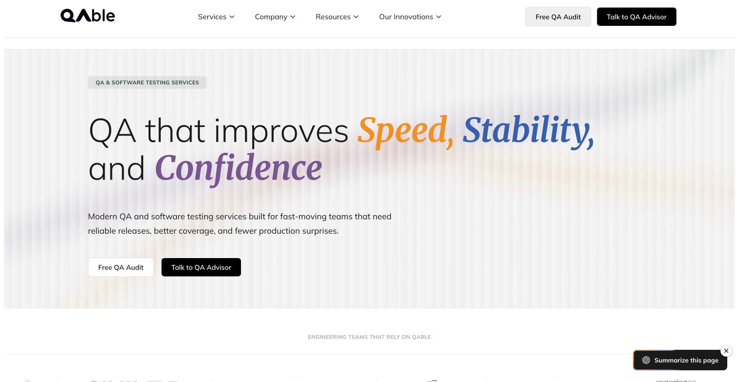 QAble homepage screenshot